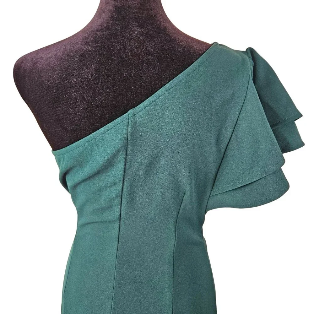 Womens Elegant Asymmetrical Dark Green One-Shoulder Ruffle Dress Size Small Sexy
